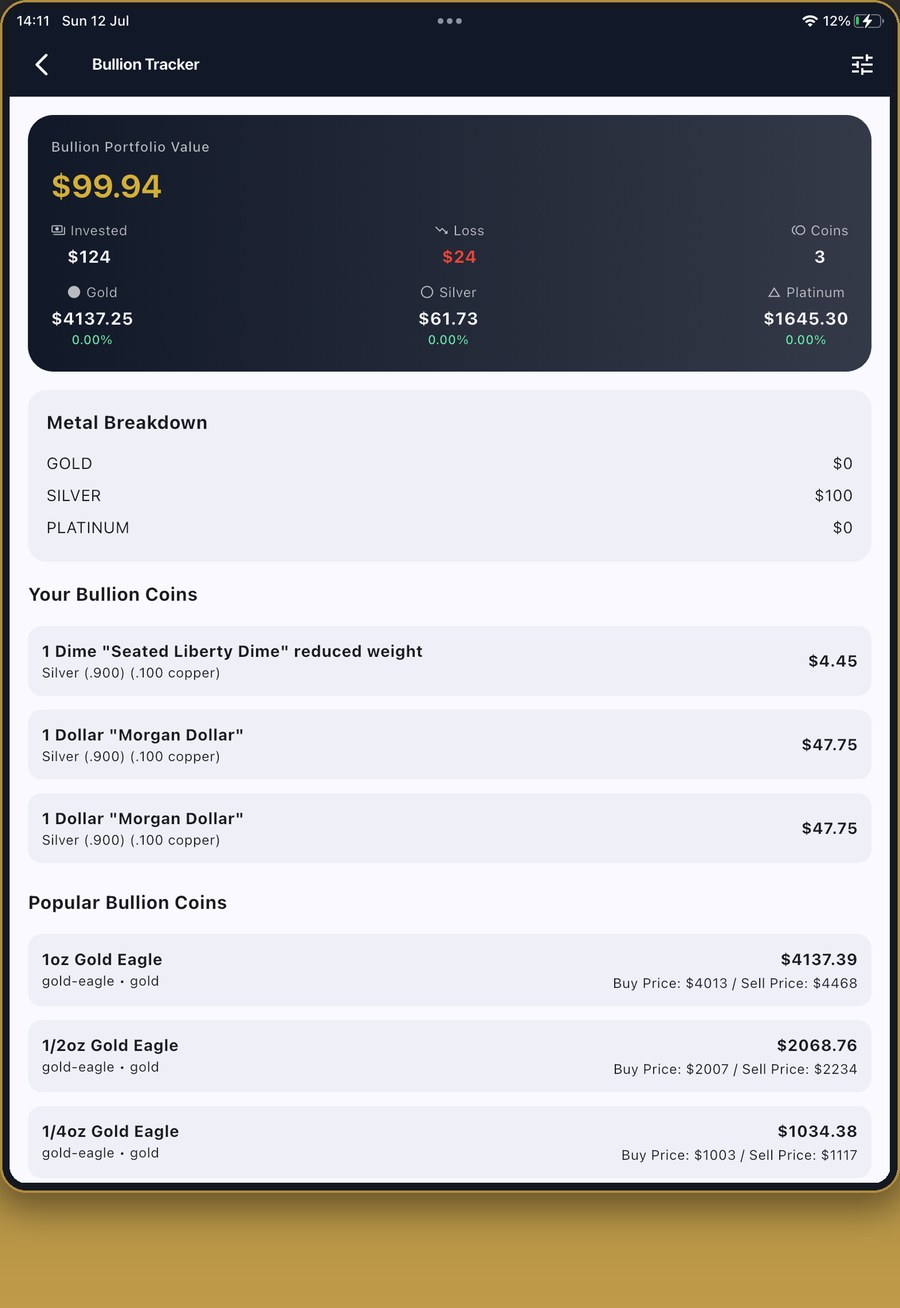 NumisTrack bullion tracker showing live metal prices