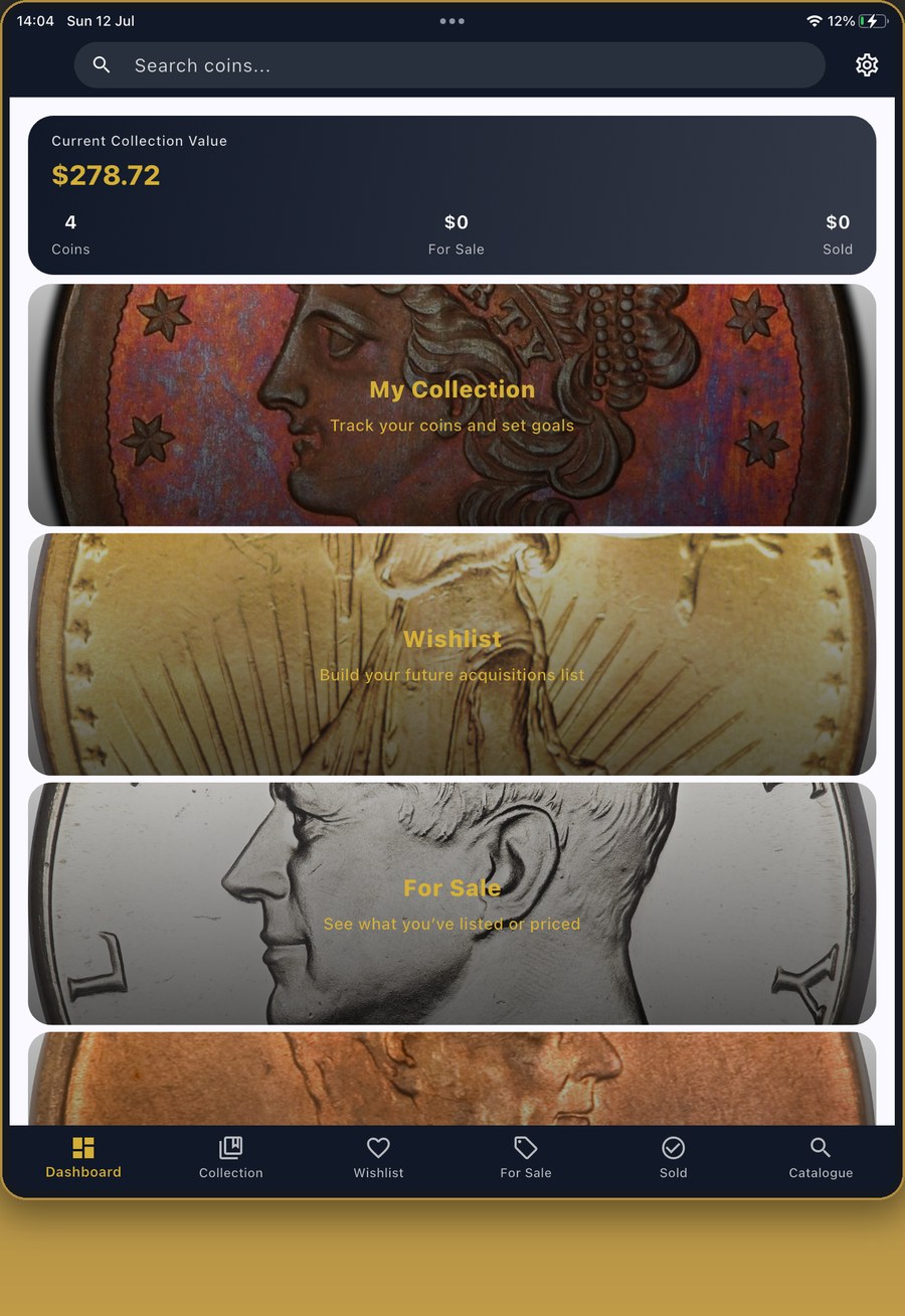 NumisTrack collection screen showing portfolio value