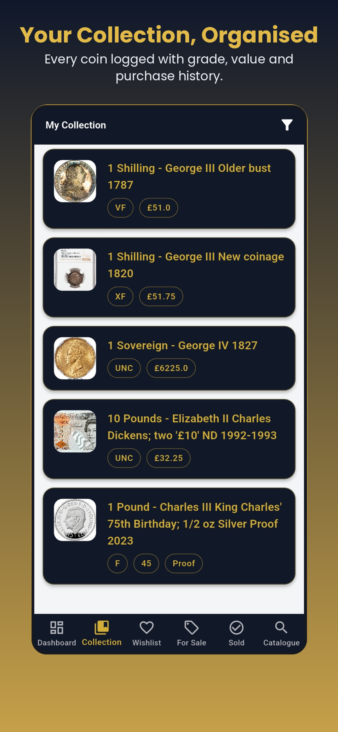 NumisTrack collection screen showing five coins with grades, values and purchase details logged