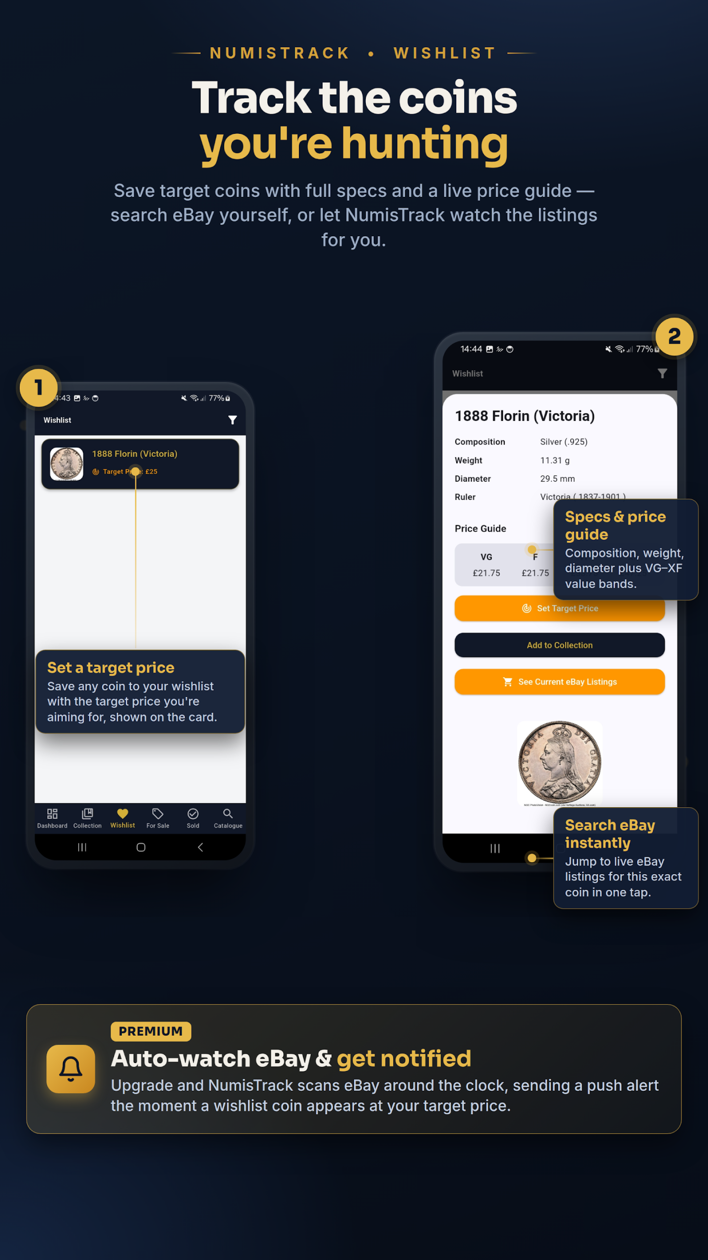 NumisTrack wishlist with target price alerts