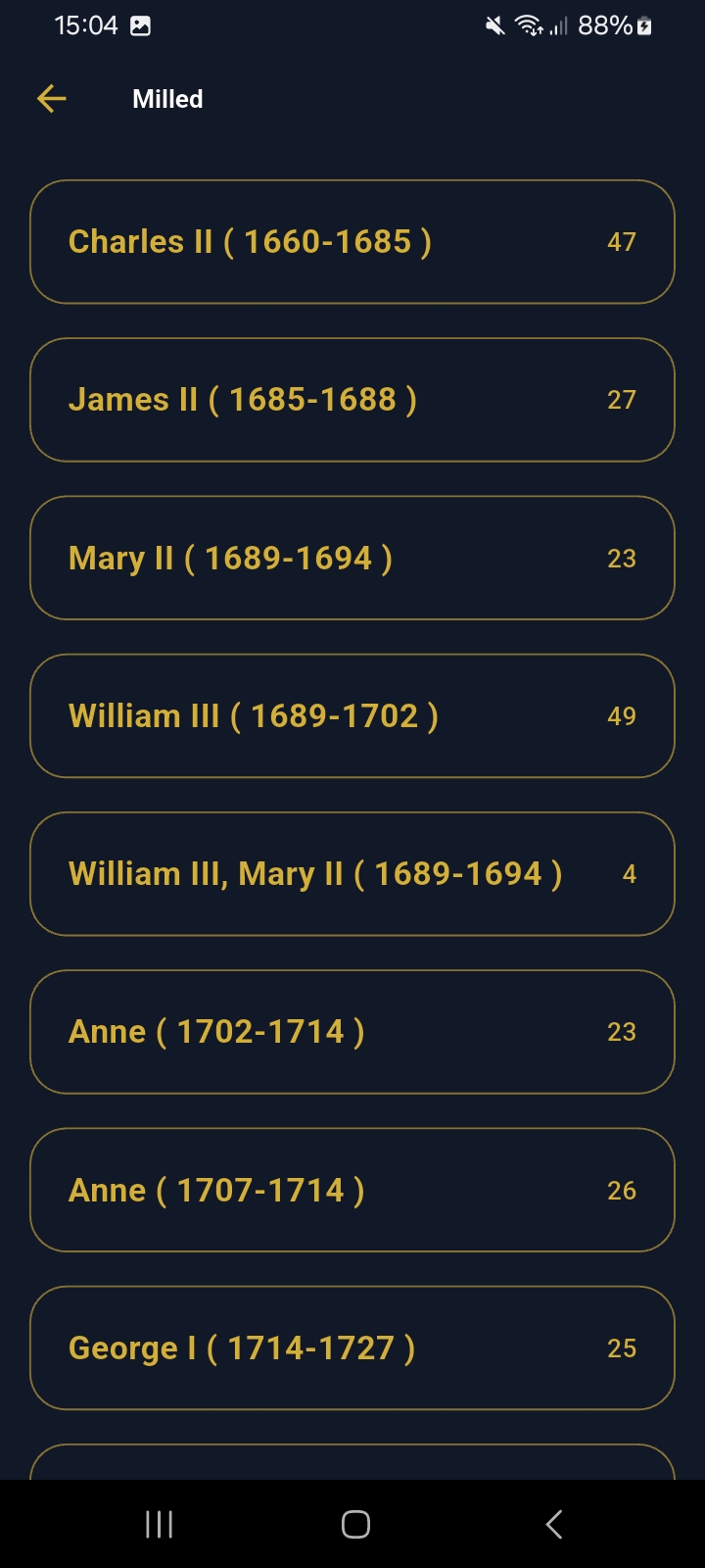 NumisTrack Milled view showing British monarchs from Charles II to George I with coin counts