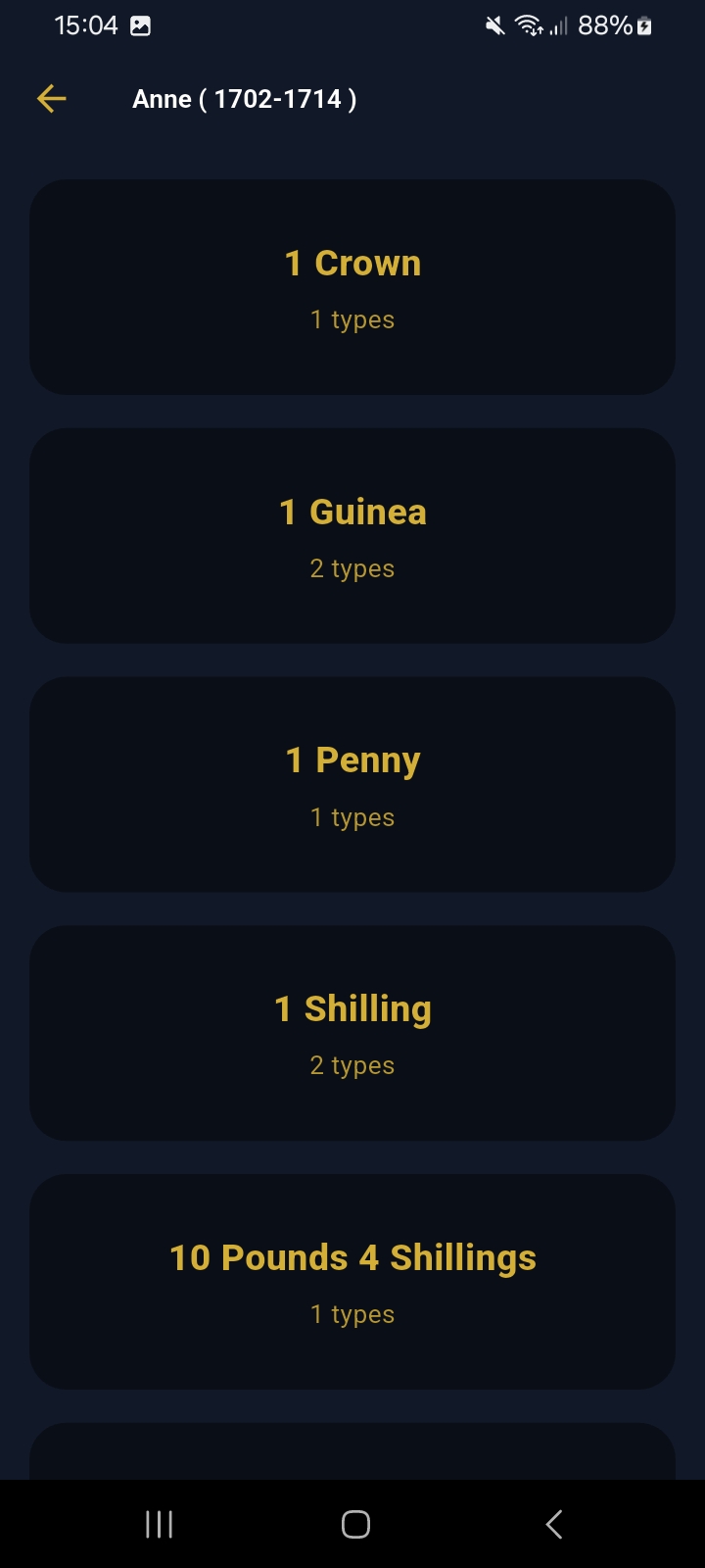 NumisTrack showing Anne reign denominations: Crown, Guinea, Penny, Shilling, and 10 Pounds 4 Shillings with type counts