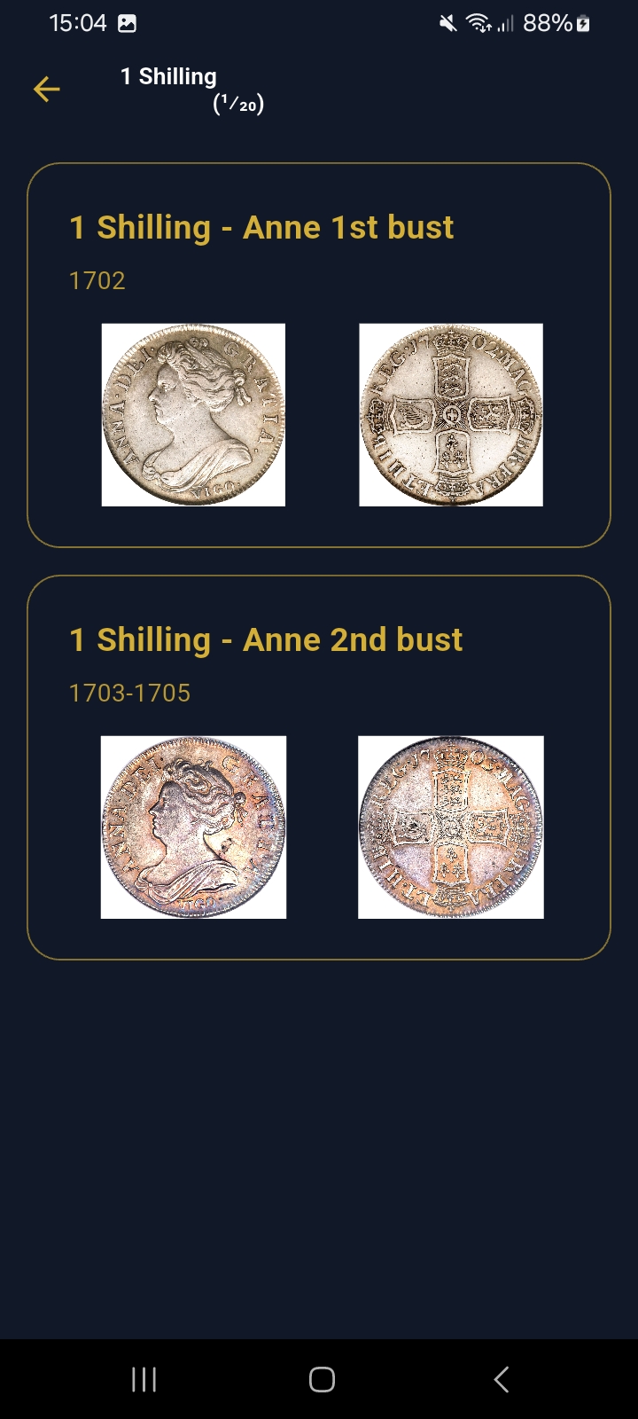 NumisTrack showing two variants of the 1 Shilling: Anne 1st bust (1702) and Anne 2nd bust (1703-1705)
